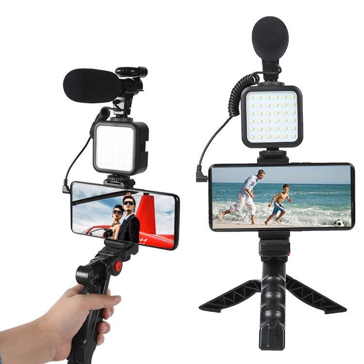 Vlogging Kit: Shotgun Mic, LED Light & Tripod - Mobile